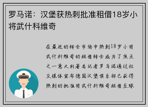 罗马诺：汉堡获热刺批准租借18岁小将武什科维奇